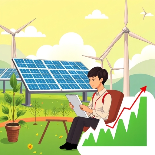 充滿活力的綠色能源市場場景，展示太陽能板和風力發電機。