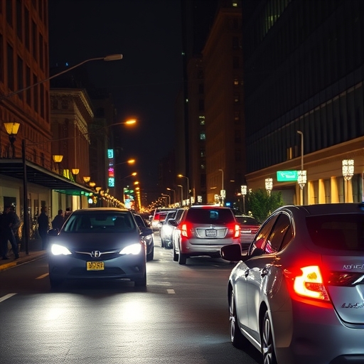 Lyft 汽車在夜晚的城市街道上等待乘客