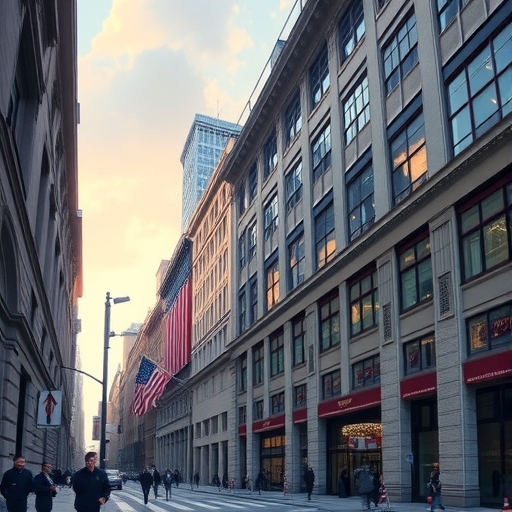 華爾街場景與AI科技元素融合的畫面
