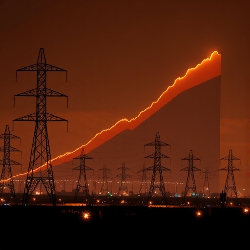 電力需求在2025年激增的圖像，顯示電力設施和數據中心。