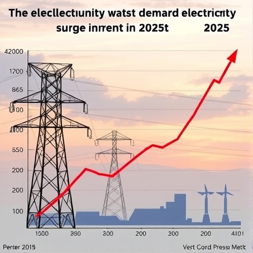 電力需求在2025年激增的圖像，展示複雜的電力網絡與現代科技元素。