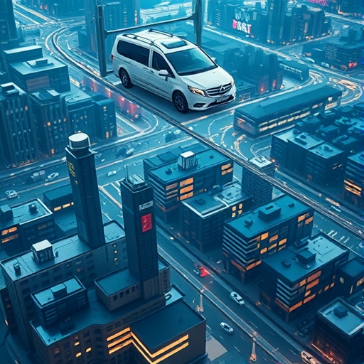 一架未來感的空中計程車在城市上空飛行