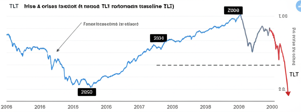 TLT歷史股價走勢圖，標示2008年金融危機、2020年疫情及2022年升息週期等關鍵事件