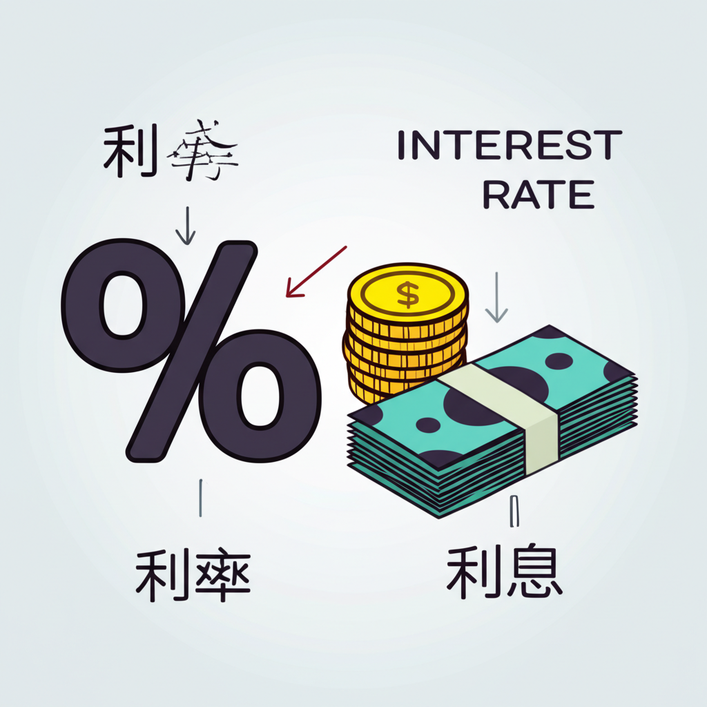 利率以百分比符號呈現，利息以實體貨幣展示的插畫