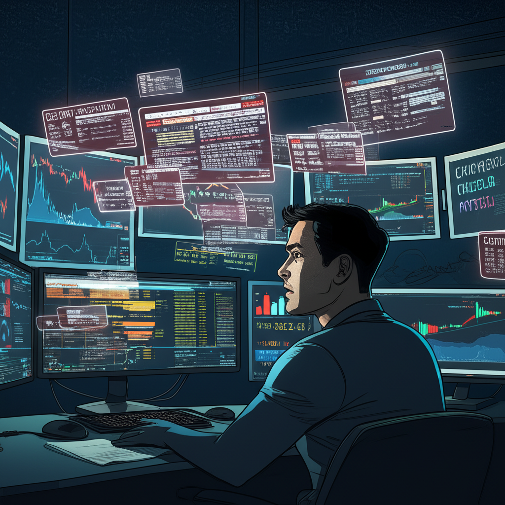 交易員監控資金淨值警示的插畫，呈現即時風險提醒與主動應對的畫面