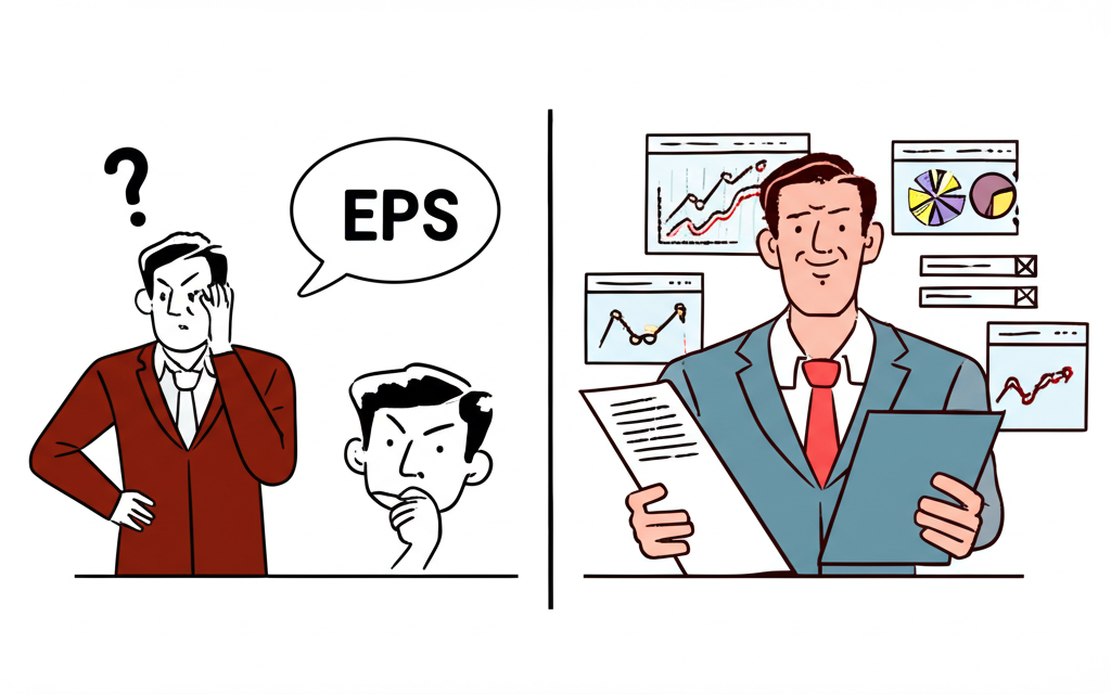 新手投資人困惑於EPS數字，資深投資人掌握財務圖表與EPS分析的插畫對比