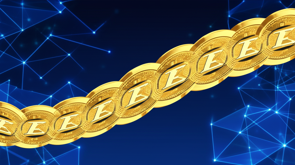 Illustration of digital coins flowing through a decentralized network with blockchain blocks in the background representing secure transparent transactions a virtual currency concept