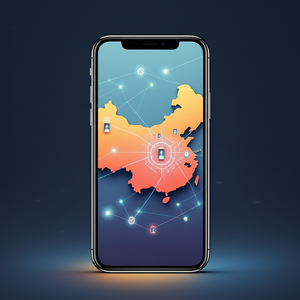 巨型iPhone疊加中國地圖與AI神經網絡，象徵蘋果財報關鍵焦點：iPhone銷售、中國市場與AI策略