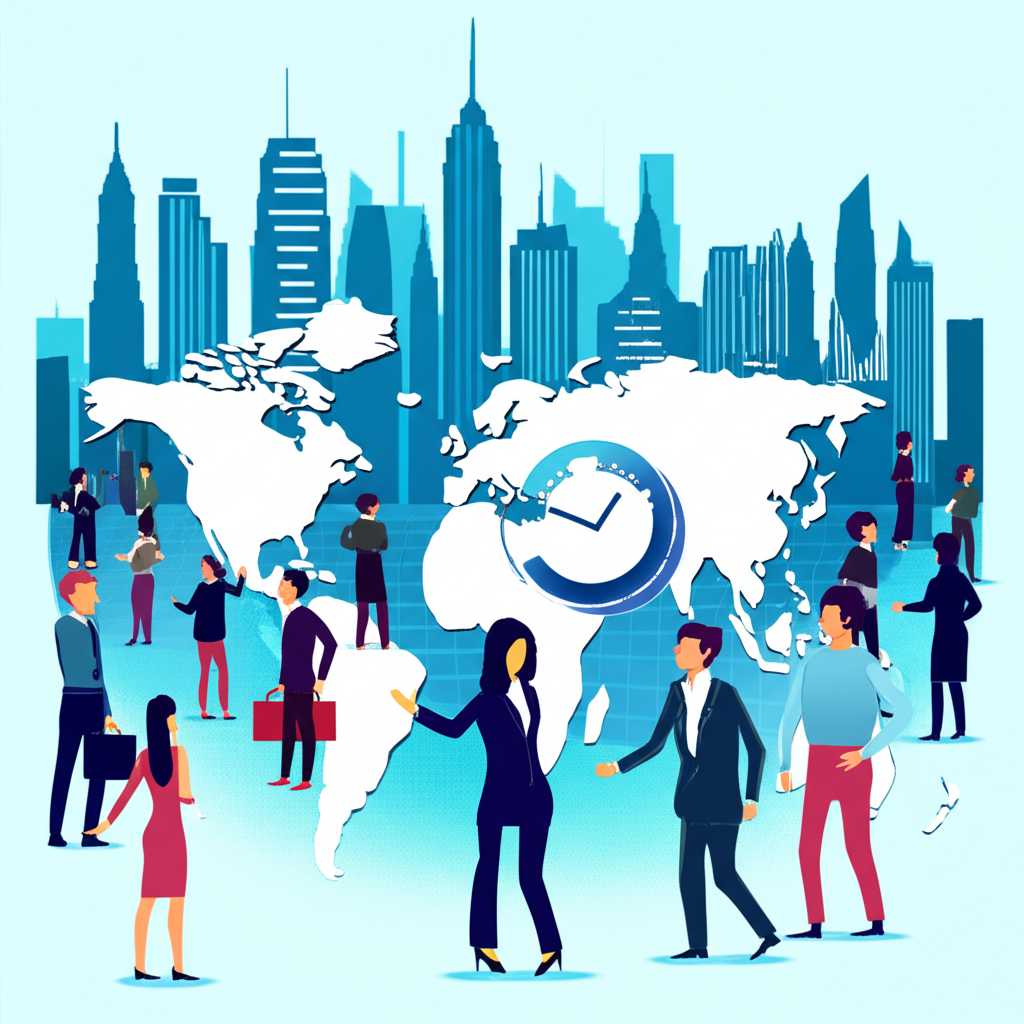 An illustration depicting diverse participants like bankers corporate executives and individual traders interacting in a 24-hour global market represented by interconnected city skylines and time zones in a modern illustration style