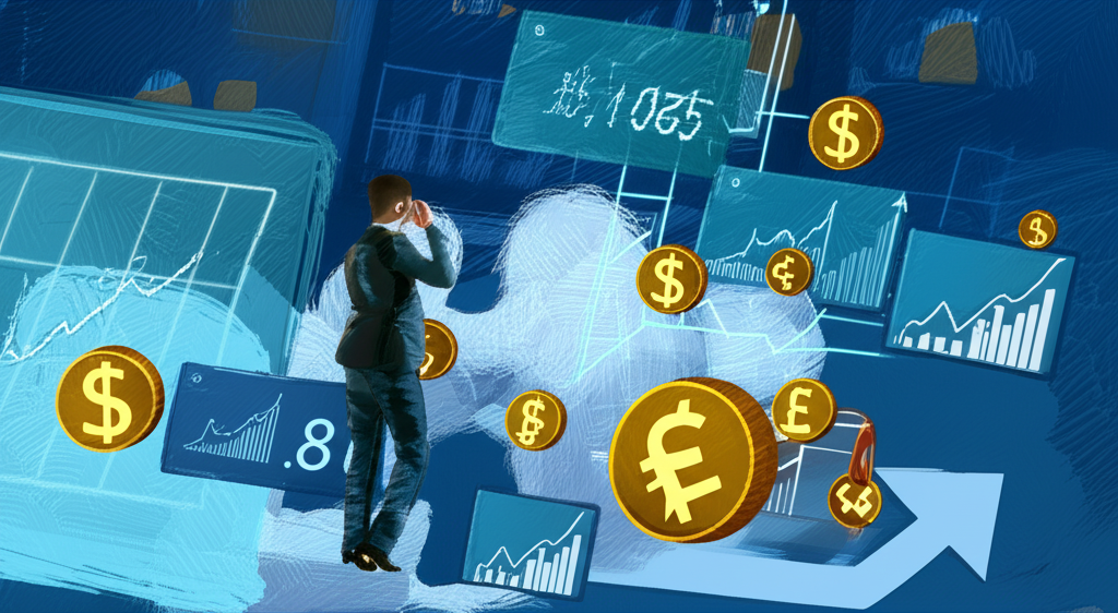 投資者自信導航複雜金融環境的插圖，包含利率、科技股與全球貨幣等經濟指標，象徵智慧投資決策與多元化組合