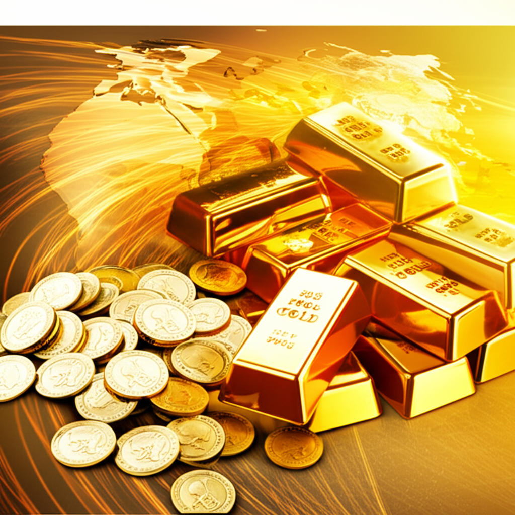 黃金條塊與金幣環繞全球地圖,象徵經濟變遷與地緣政治緊張下的財富與穩定