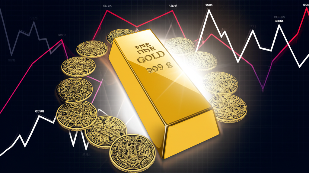 閃耀金條環繞古代錢幣與現代金融圖表，象徵財富穩定與全球避險資產在不確定時代的角色