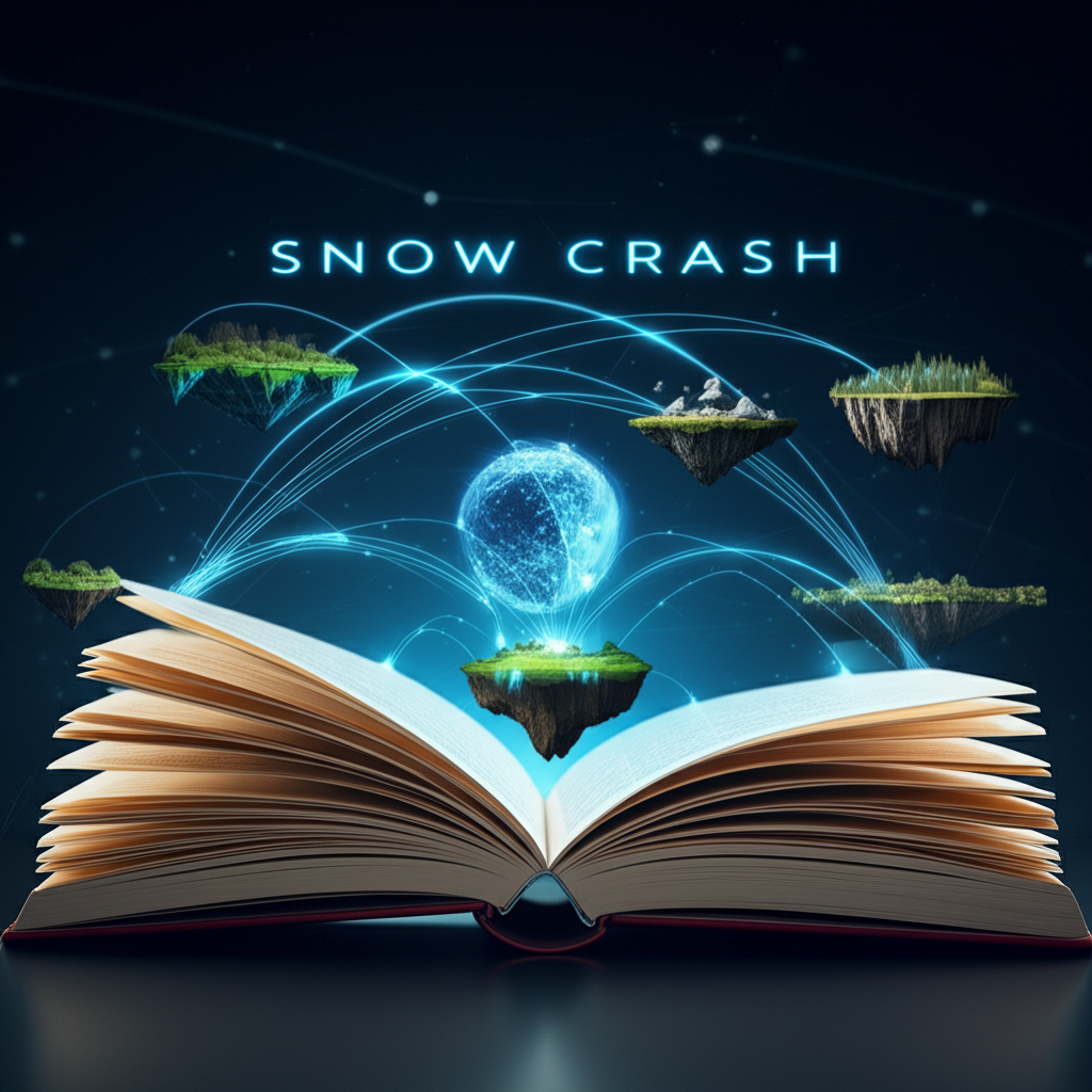 《雪崩》小說翻開，展現廣闊互聯虛擬世界，發光線條與浮島象徵從科幻到現實的轉變