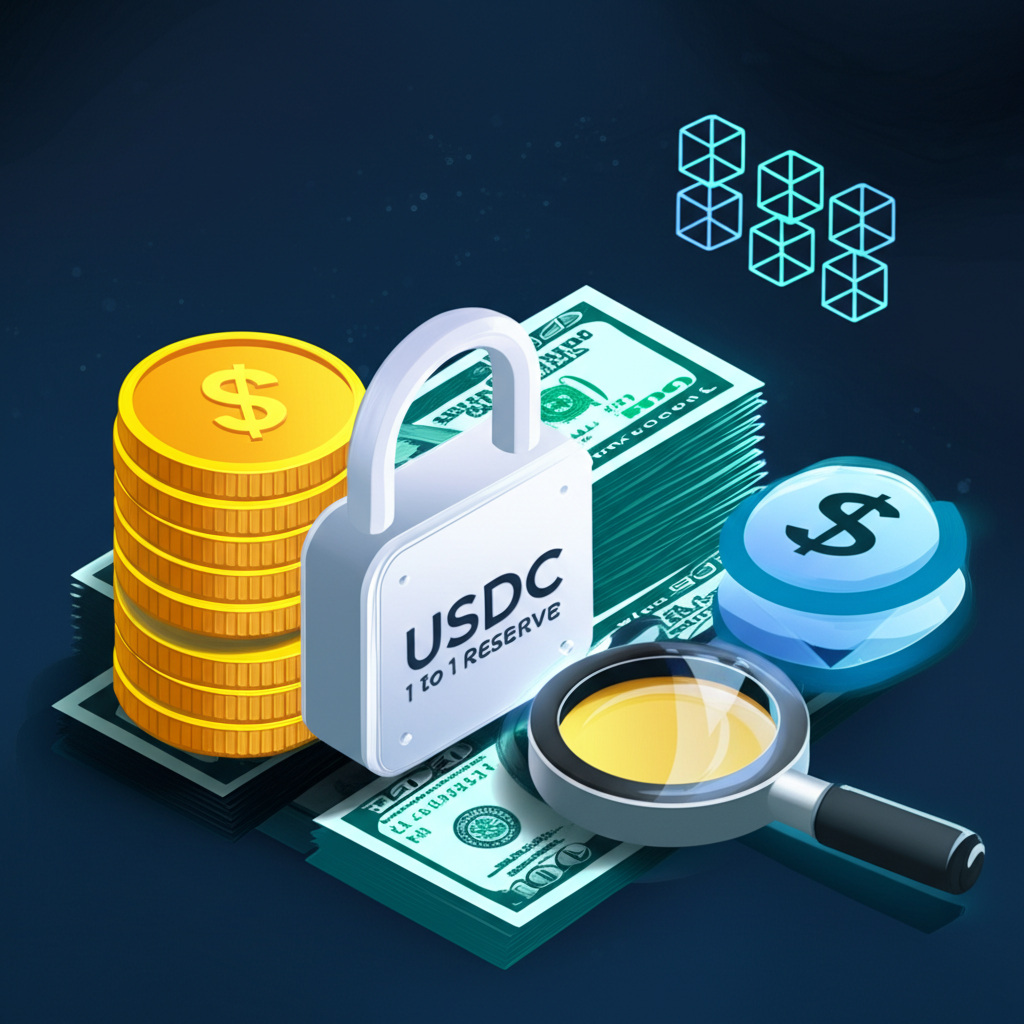 金幣與美元堆疊受鎖保護，伴隨區塊鏈符號與放大鏡，象徵 USDC 的一比一儲備、透明度與審計