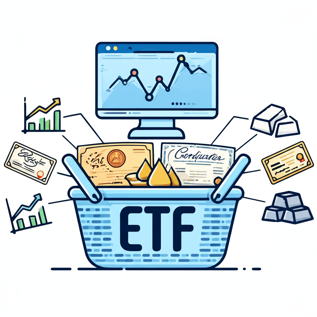 ETF籃子包含各種股票債券商品的簡化金融概念插圖，連接至中央指數監控器