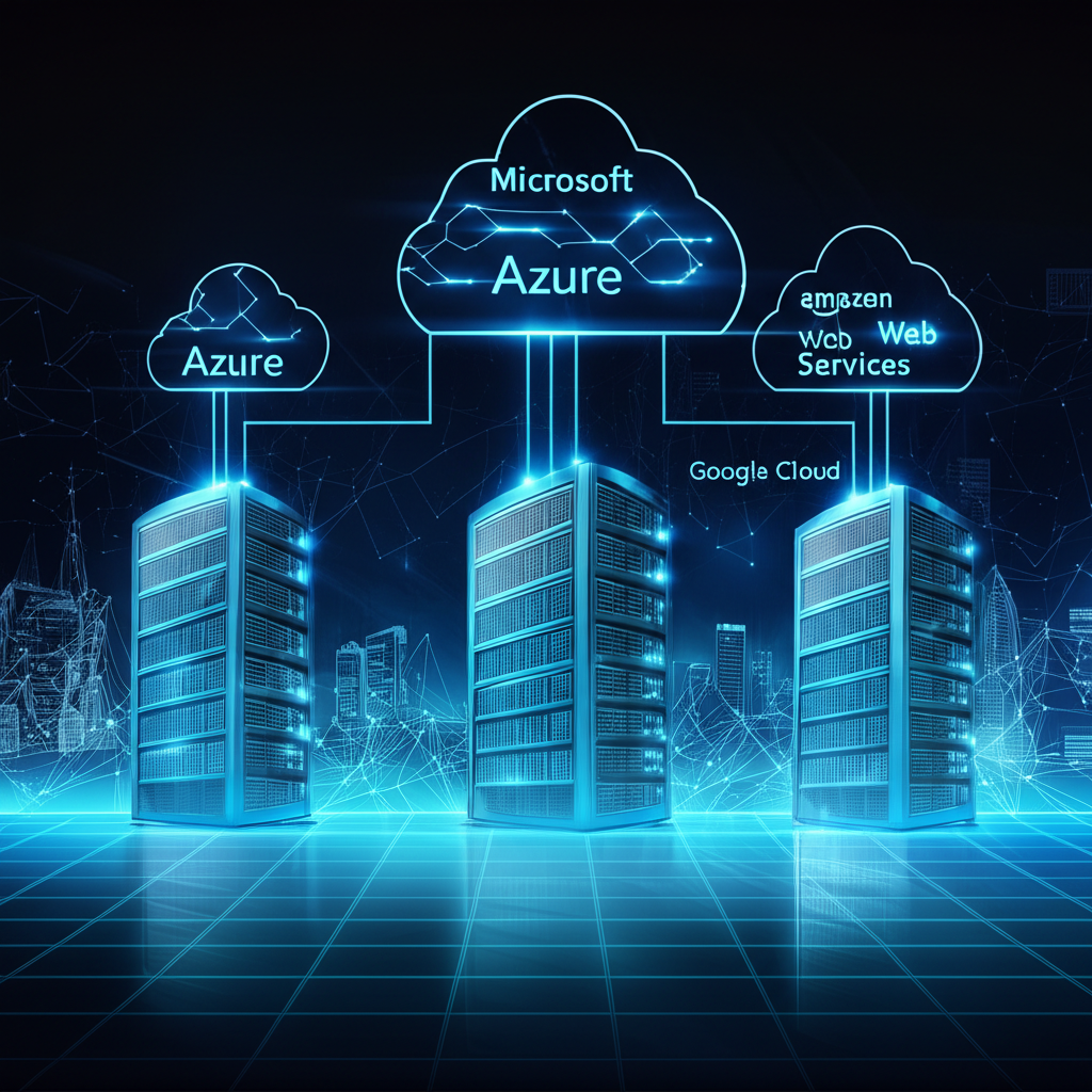三座大型雲端伺服器堆疊標示Microsoft Azure、Google Cloud和Amazon Web Services，透過發光數據線連接，驅動複雜AI網路並支撐全球產業