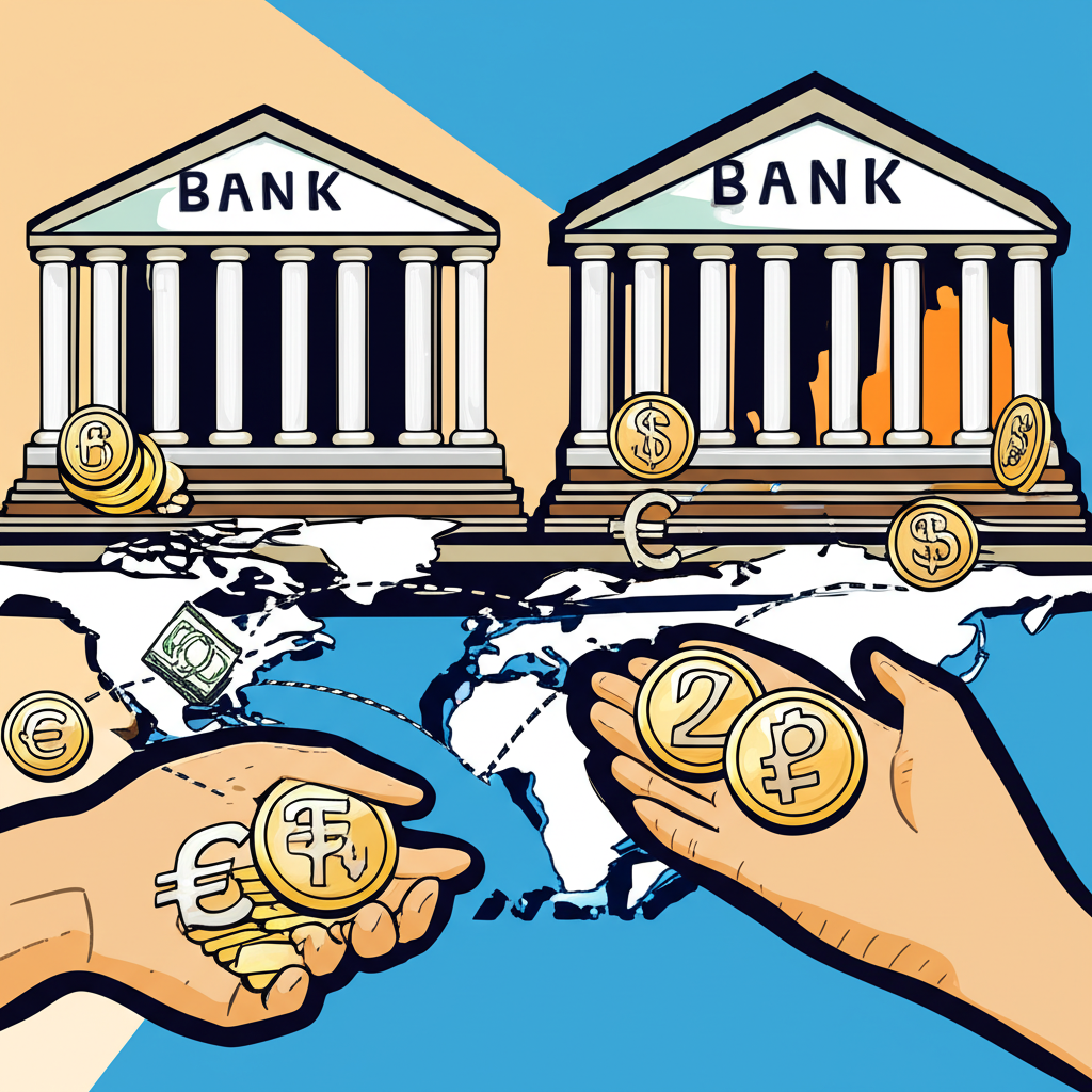 不同國家貨幣硬幣與鈔票跨邊界交換的插圖，風格化地圖與貿易路線，背景有央行建築監督流程