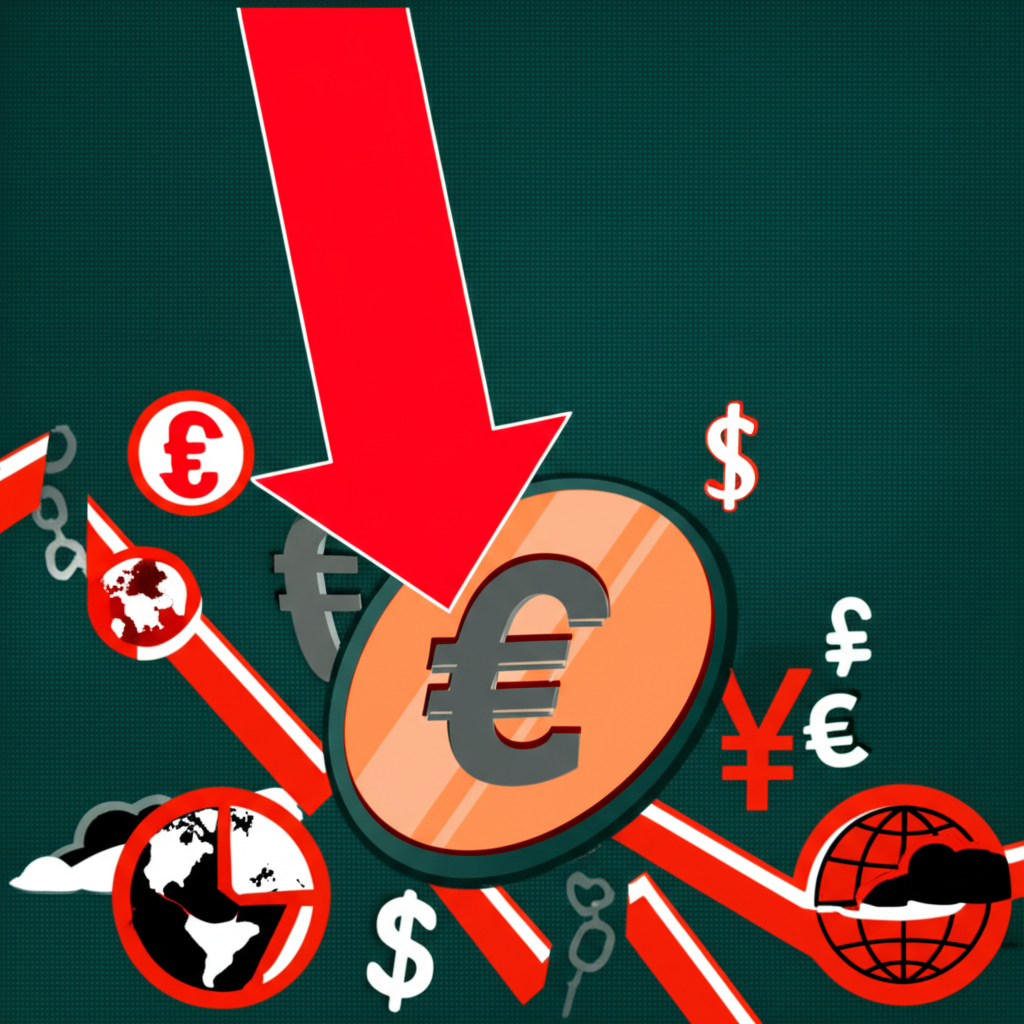 An illustration of a falling euro coin with a downward arrow surrounded by various global currencies and abstract representations of economic challenges and geopolitical tensions