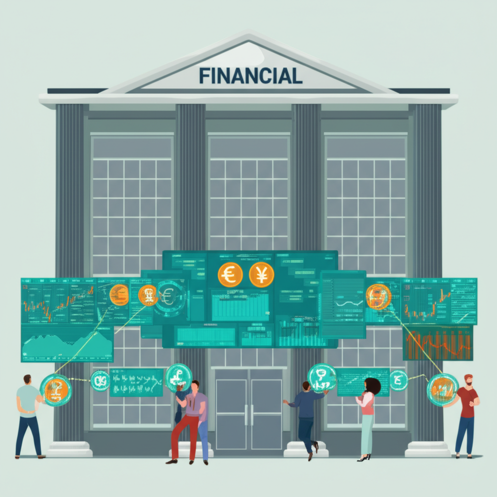 金融機構大樓內交易者操作貨幣對畫面，代表經紀商的中介角色