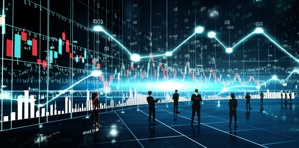 2025年10月全球金融市場複雜圖示，包含交織的圖表、投資者身影與分析師評級動態