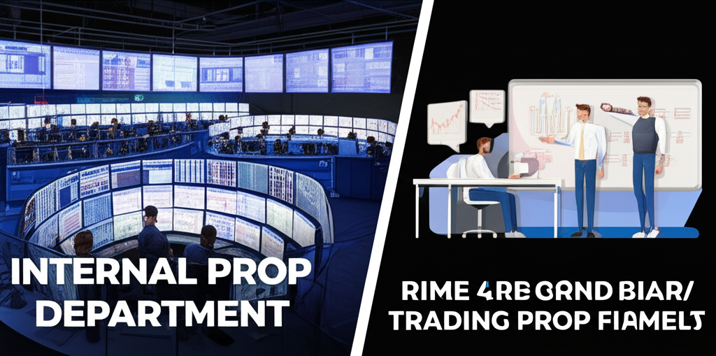投資銀行內部專有交易部門與先進技術團隊對比小型獨立 Prop Firm 的挑戰程式辦公室的圖示