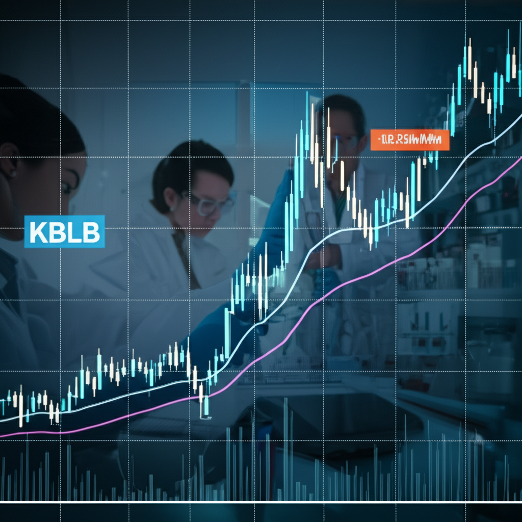 KBLB股票圖表在生物科技實驗室與科學家背景中閃耀，象徵市場潛力與創新