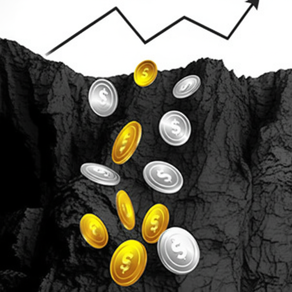 黃金與白銀幣滾落陡峭懸崖,背景為斷裂的上漲趨勢線