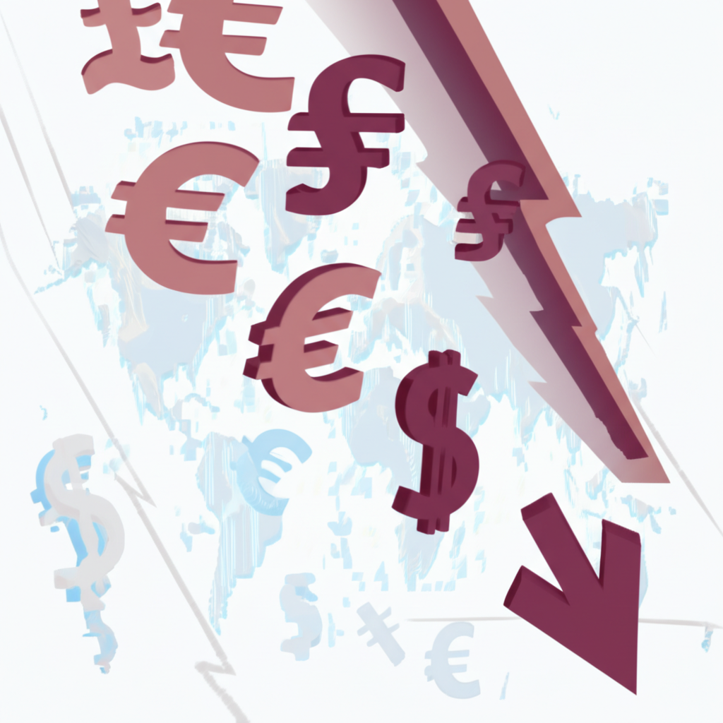 歐元貨幣符號相對於美元、英鎊、日圓等主要貨幣下跌的插圖，背景為全球金融市場，代表購買力下降與國際貿易影響