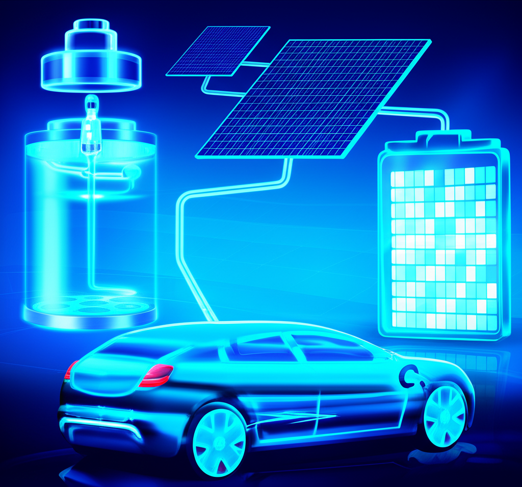 未來固態電池技術為電動車與能源儲存供電的插圖，展示創新與高成長潛力