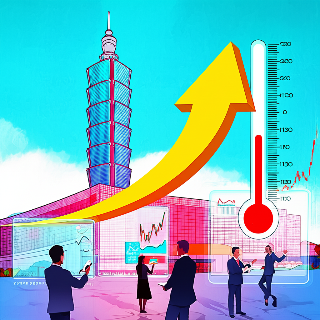 台灣股市大盤指數 TAIEX 示意圖，展示交易所建築與上漲箭頭，象徵經濟健康與全球投資關注