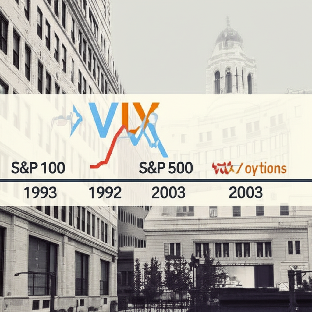 VIX 指數從 1993 年到 2003 年的歷史時間線,從 S&P 100 到 S&P 500 選擇權轉變,背景為 CBOE 大樓