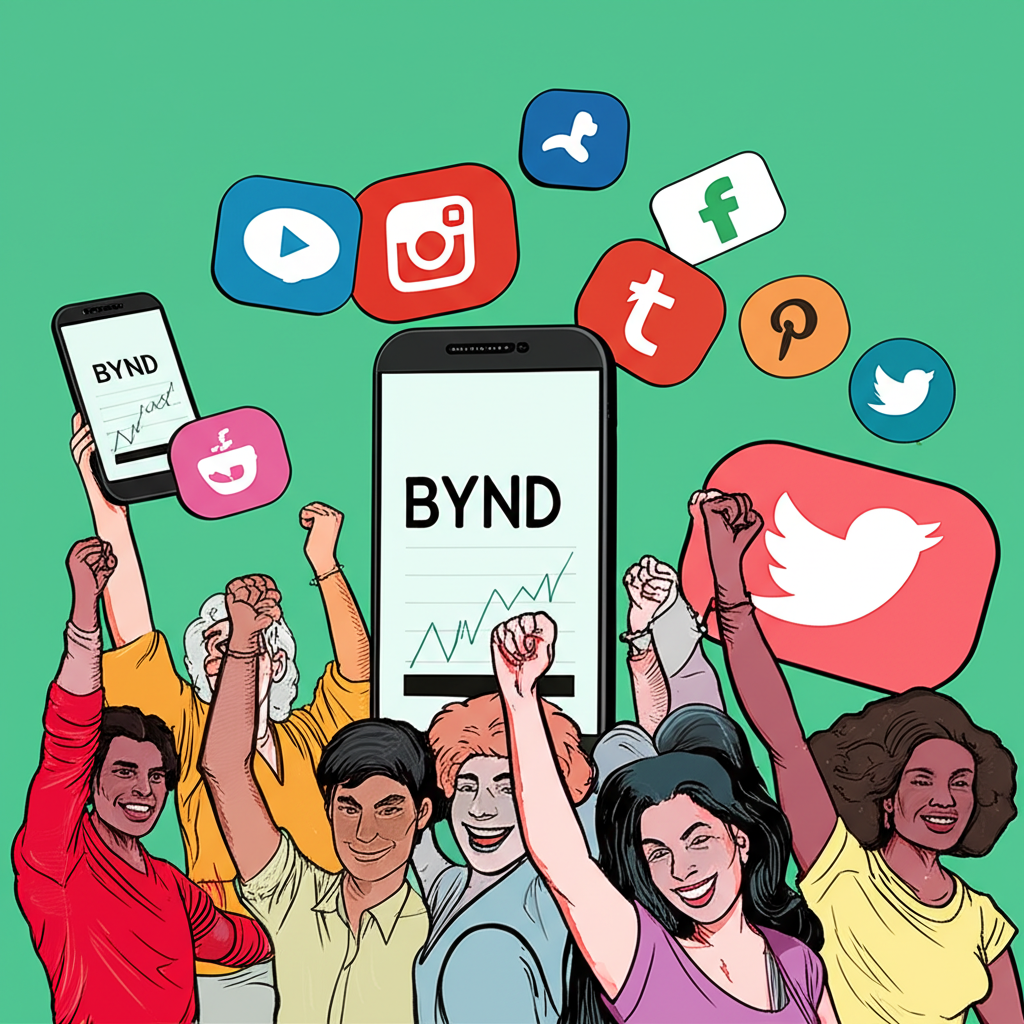 散戶投資者興奮慶祝 BYND 股價圖,背景社群媒體圖示象徵迷因股熱潮