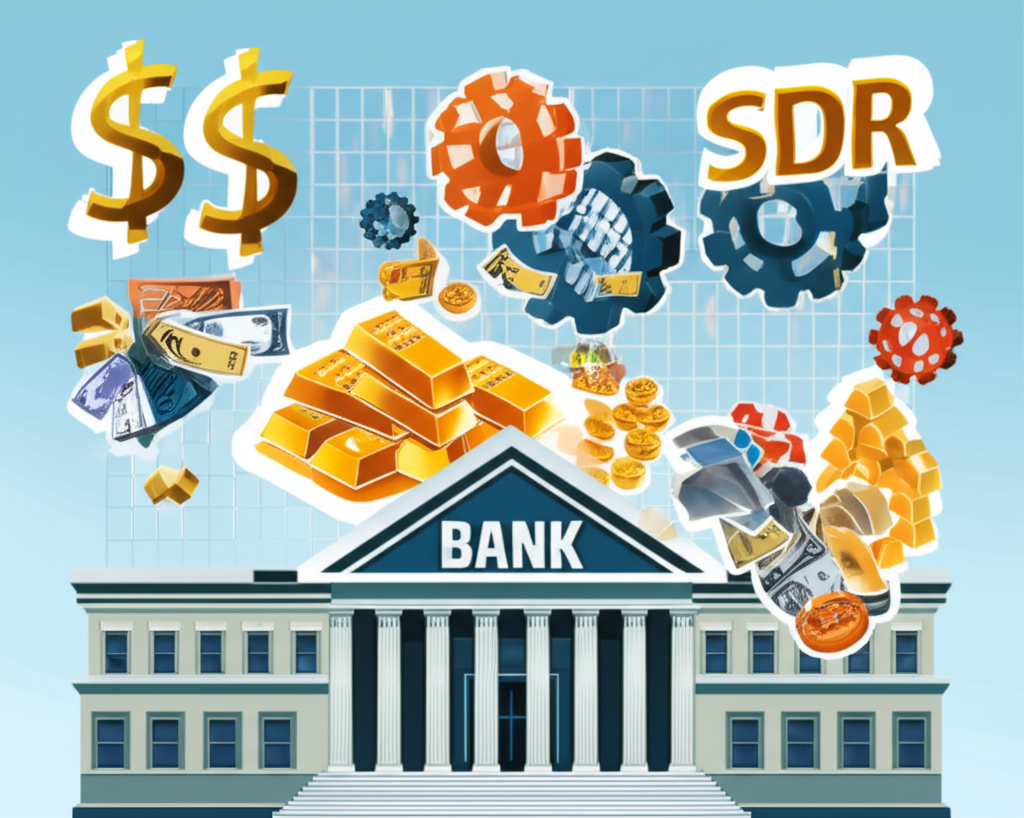 外匯存底組成插圖：貨幣、黃金、SDR流入中央銀行，穩定匯率與危機抵抗