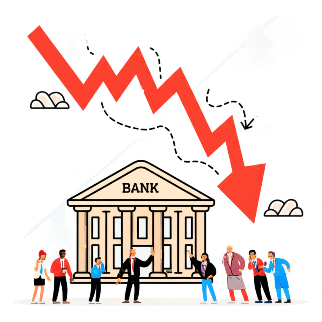 Zions Bancorporation 股價大幅下跌的插圖，顯示劇烈股價圖表、區域銀行建築與投資者反應