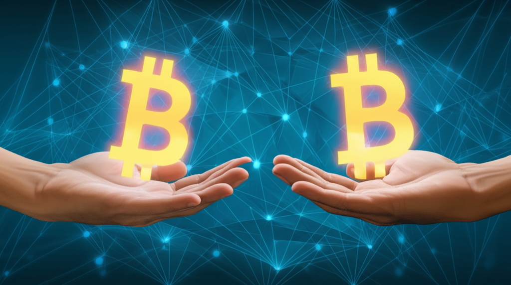 兩人點對點交換比特幣符號，展示無中介全球金融系統