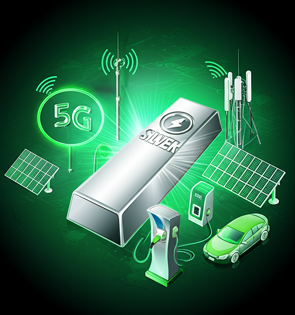 白銀作為2024年投資新星,周圍環繞太陽能板、電動車充電站與5G基站,象徵其在綠能與科技領域的關鍵角色