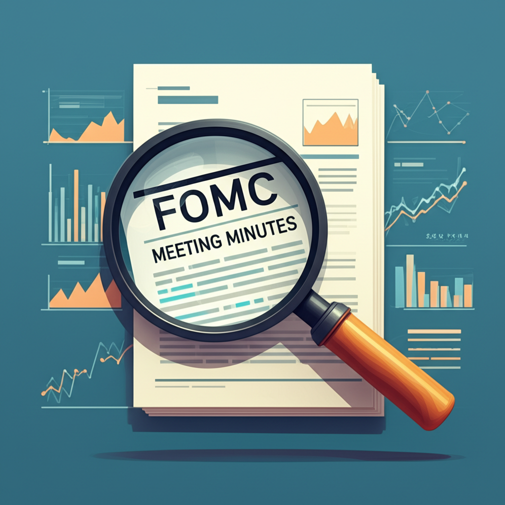 放大鏡懸浮在標記 FOMC 會議紀要的文件上,背景有圖表與經濟數據,代表投資者策略的詳細文件分析插圖