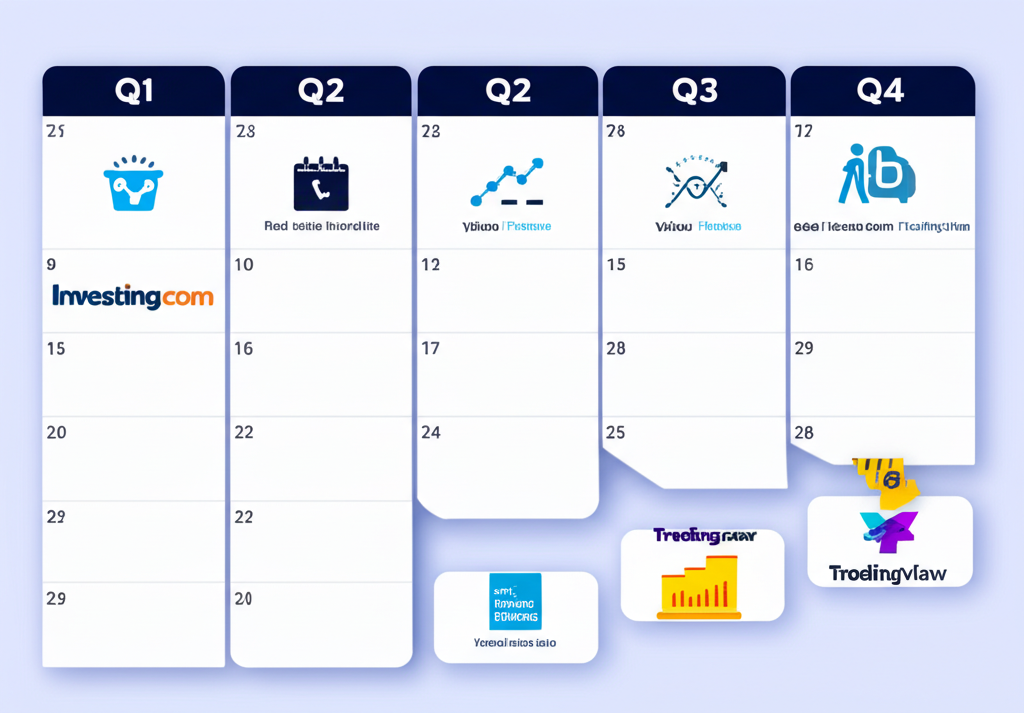 詳細財務行事曆插圖，標記Q1 Q2 Q3 Q4特定日期，伴隨Investing.com、Yahoo Finance和TradingView圖標，代表即時數據