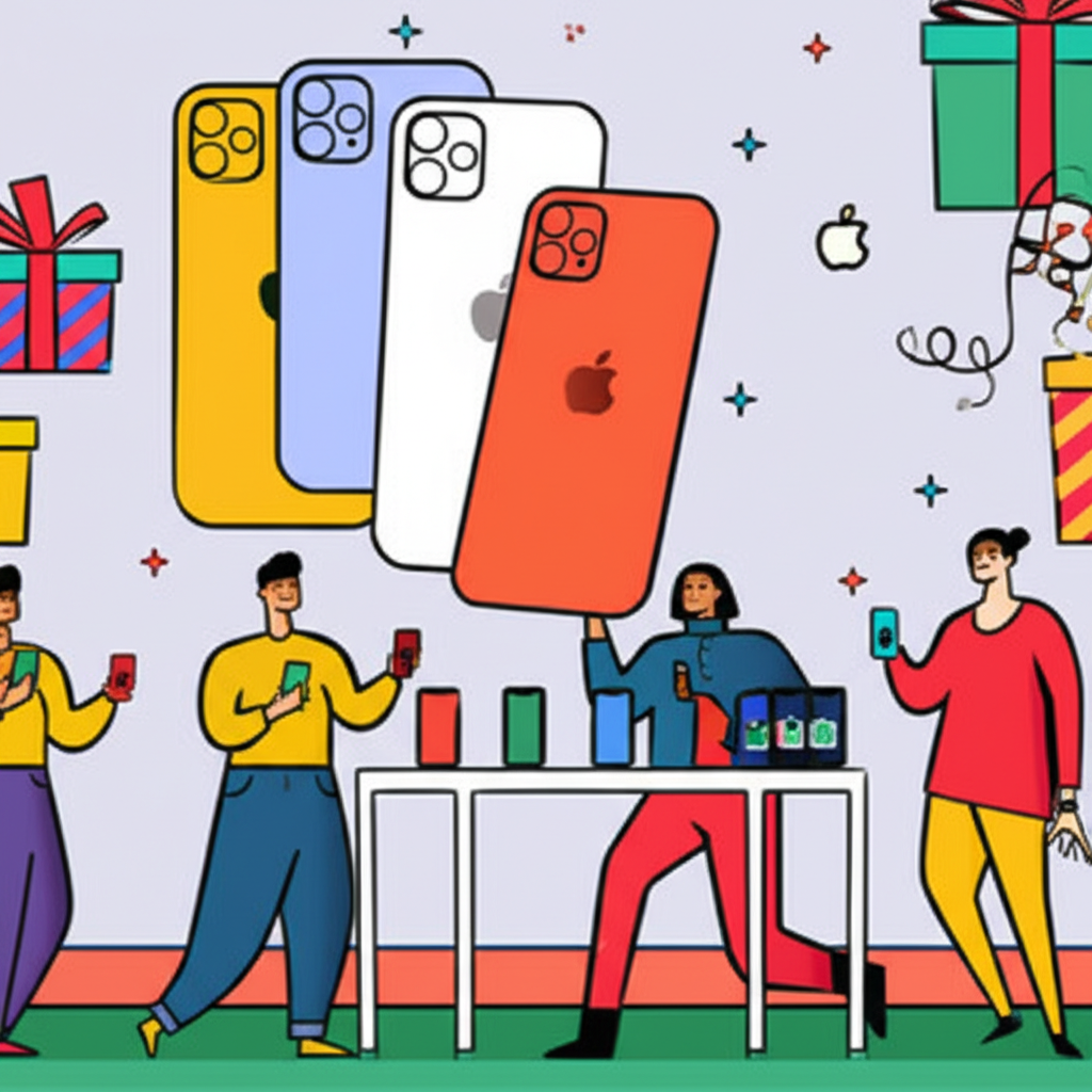 節慶購物場景插圖，人們熱情購買iPhone，象徵蘋果樂觀的節慶季銷售預測與消費者興奮