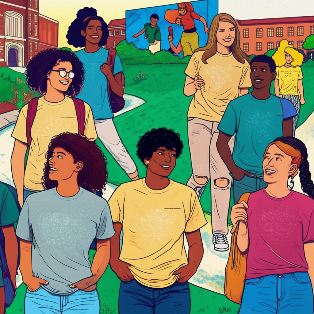 Diverse Gen Z students wearing Comfort Colors T-shirts on a vibrant college campus and in casual community settings, highlighting broken-in texture and retro colors for a trendy, comfortable lifestyle