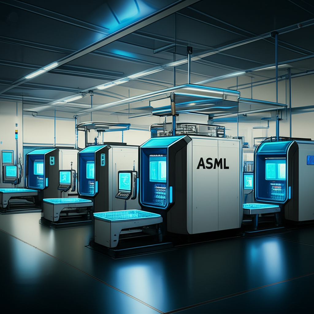 ASML工廠的插圖，展示EUV機器如未來裝置，象徵其在半導體設備製造中的主導地位，以及先進晶片生產的壟斷位置