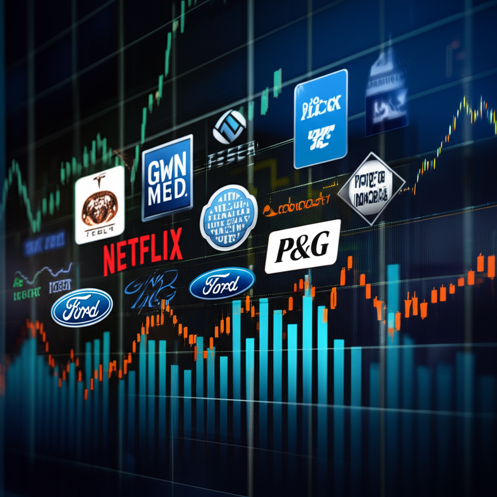 熱鬧的股市圖景，包含圖表與特斯拉、Netflix、通用汽車、福特及寶潔等公司標誌，背景展現財務波動
