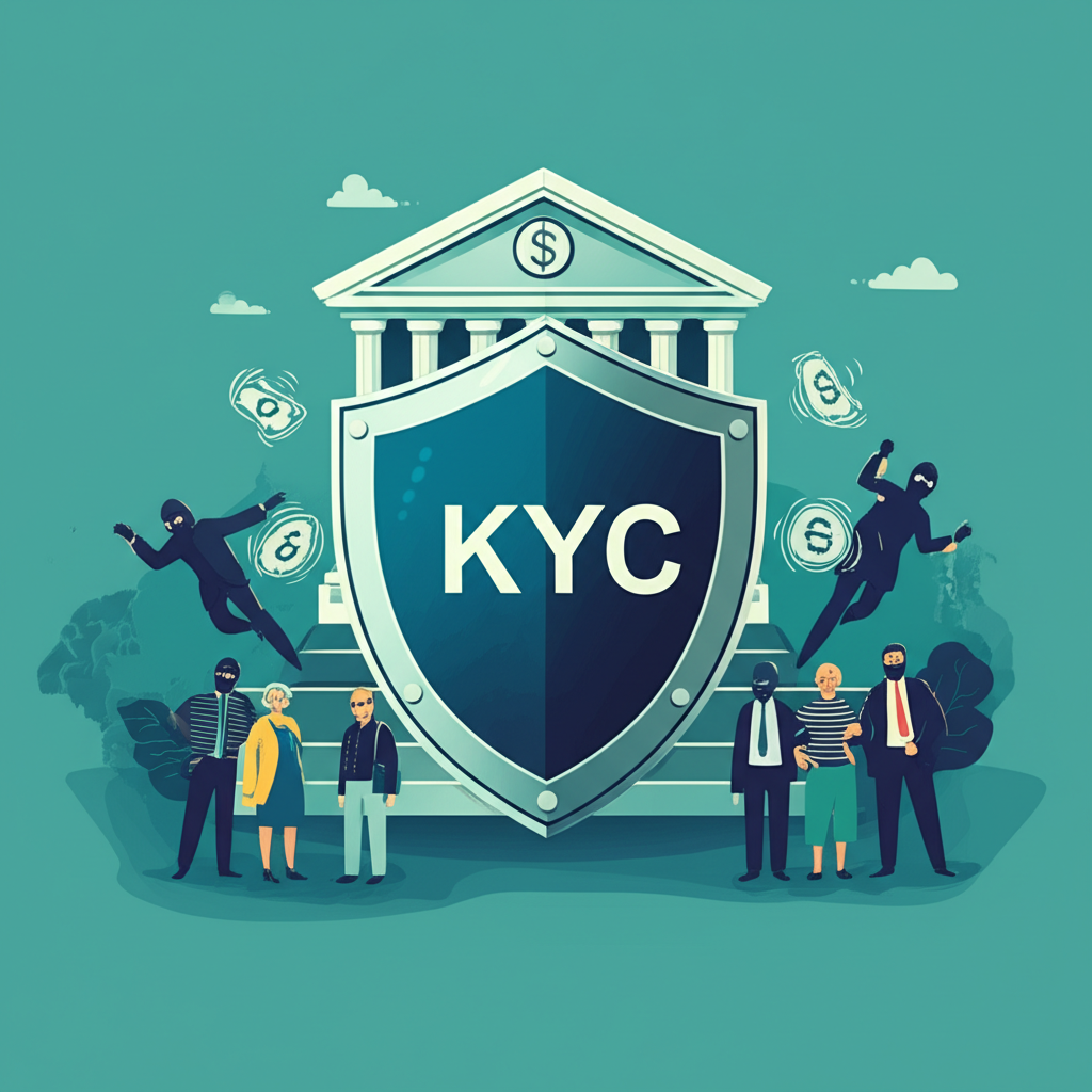 盾牌保護金融機構與個人免受詐騙與洗錢威脅,強調KYC對信任與安全的重要性插圖