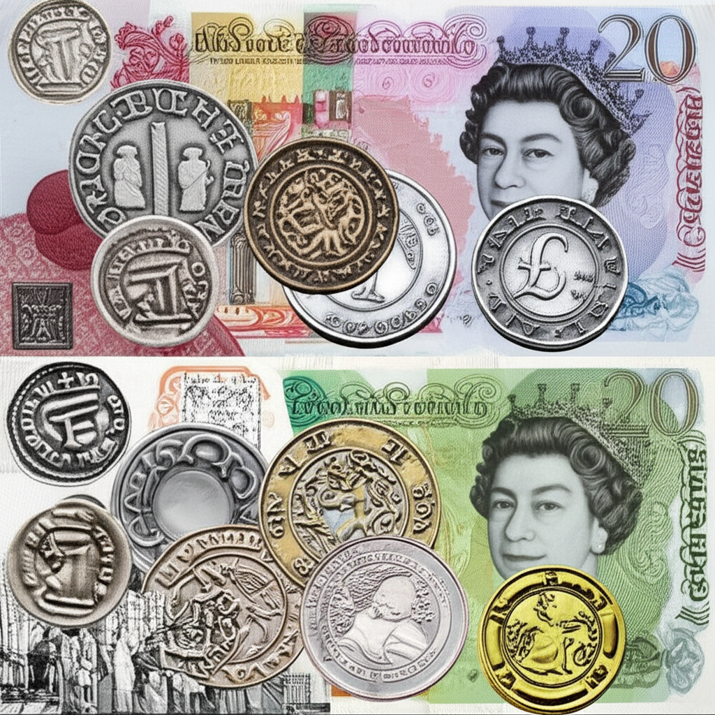 英鎊從盎格魯-撒克遜時期到現代全球角色的歷史插圖，包含古幣與現代鈔票