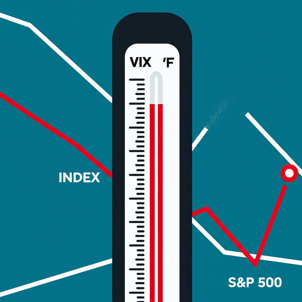 VIX指數與S&P 500走勢對照圖,顯示恐慌指數上升時股市下跌,象徵市場不確定性與恐慌情緒
