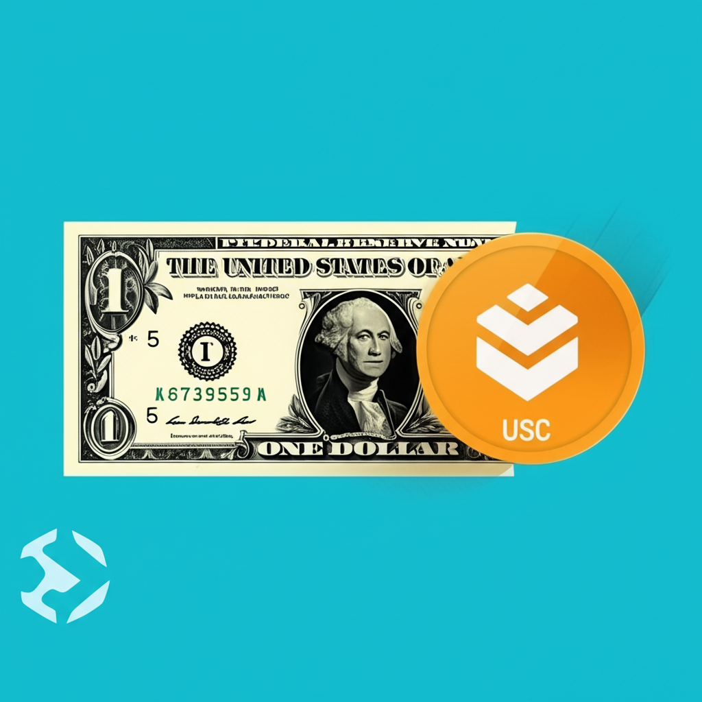 美元鈔票轉化為 USDC 代幣，背景隱現 Circle 和 Coinbase 標誌，代表一比一錨定與可靠發行方