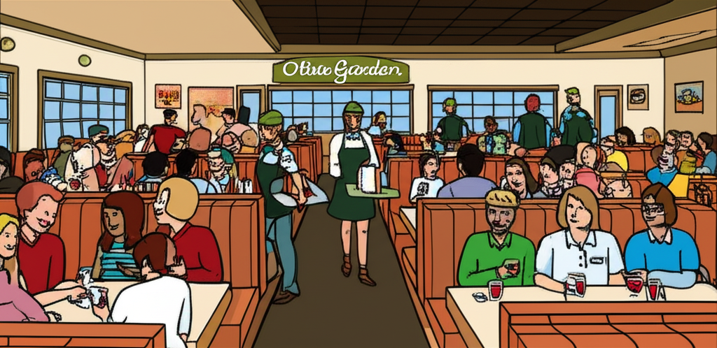 繁忙的 Olive Garden 餐廳，多元顧客代表可持續客流量與高效員工展現強勁營運執行帶來未來獲利