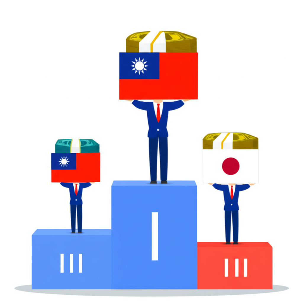 台灣在全球外匯存底排名領獎台上,與中國、日本、瑞士並列,手中握持巨額外幣堆疊,象徵其高排名與經濟優勢
