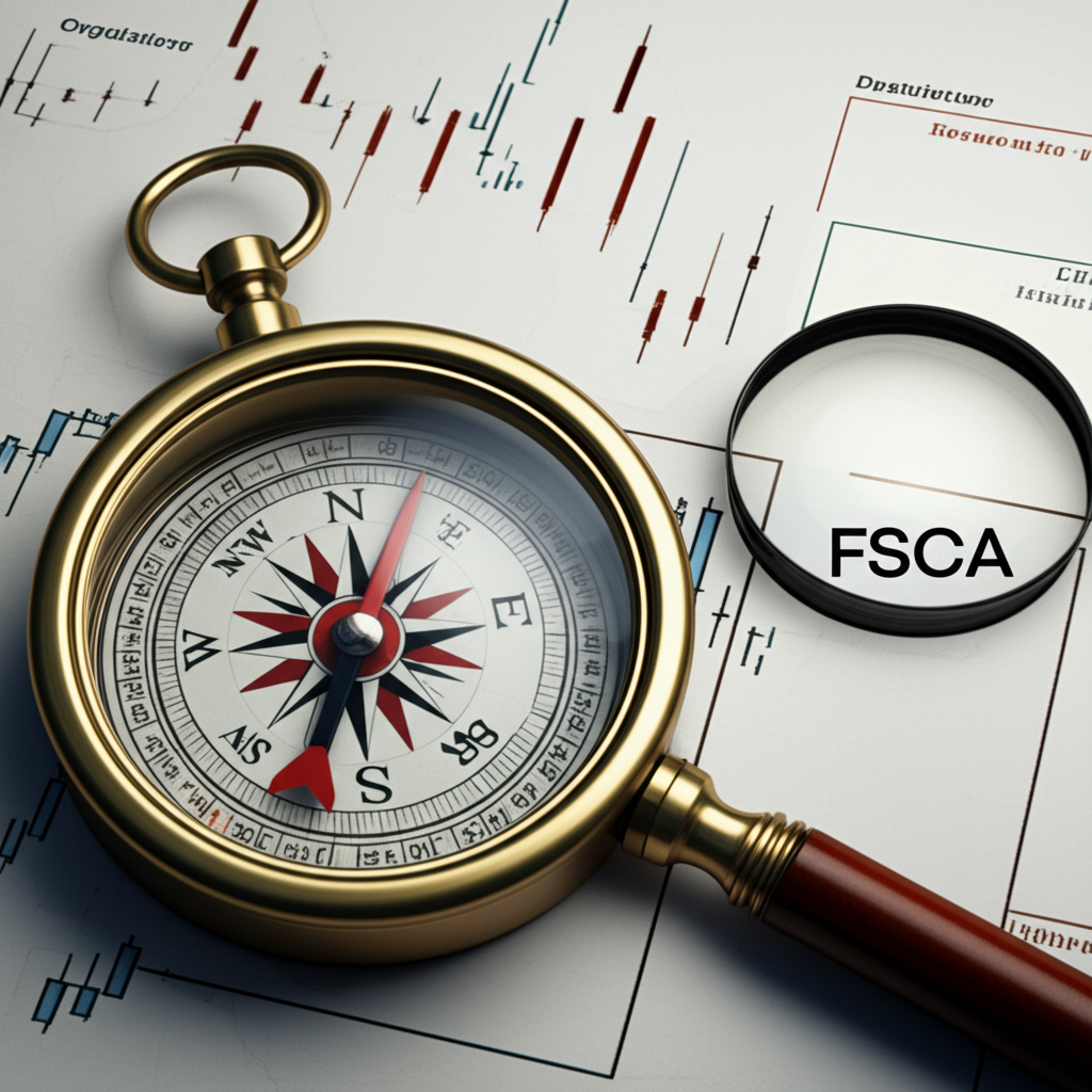 指南針與放大鏡置於金融地圖上，突出 FSCA 作為投資決策驗證與導向的象徵
