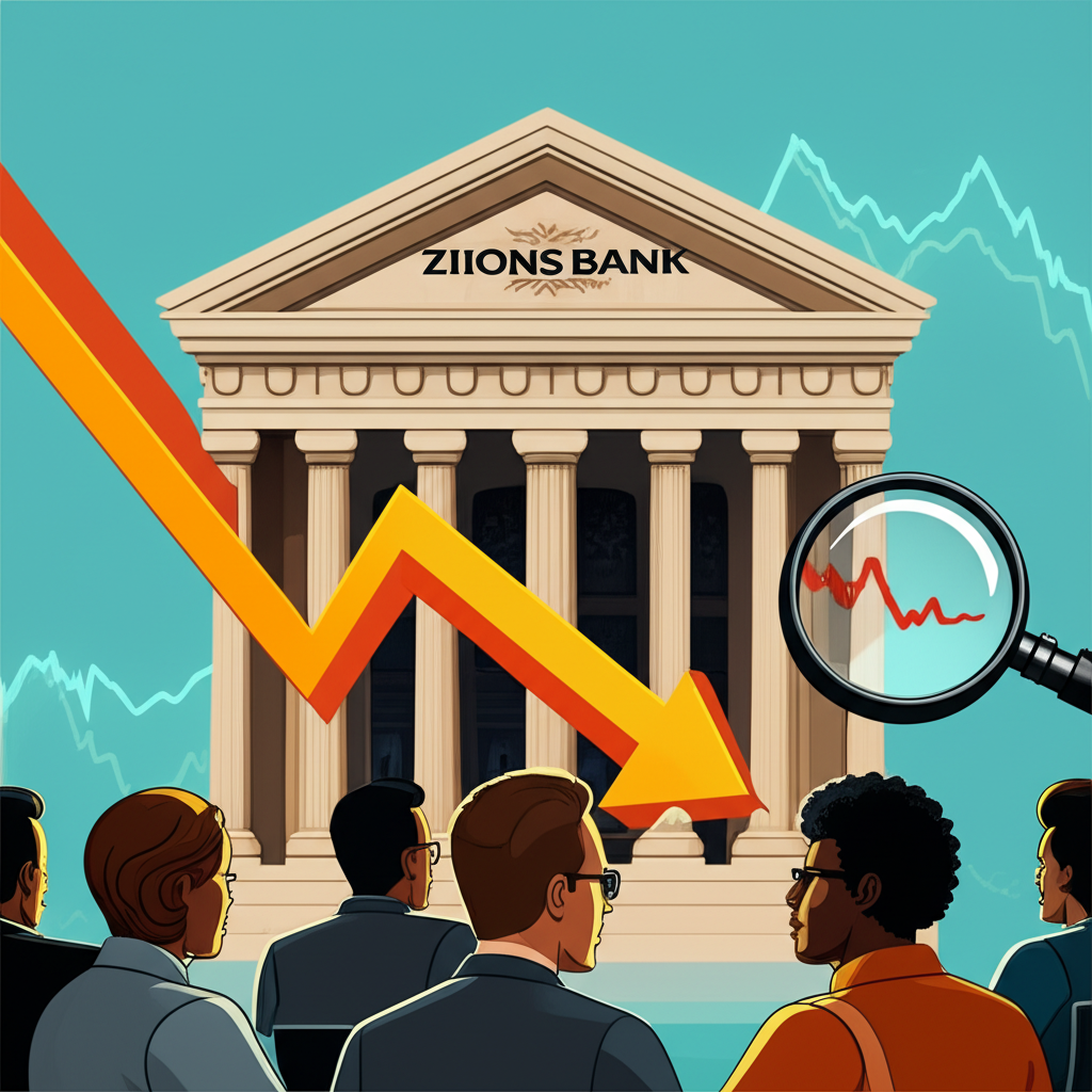 Zions Bancorporation 股價過度拋售與逢低買入機會的插圖，顯示區域銀行建築、下跌股價圖表與上漲箭頭，以及投資者觀察場景